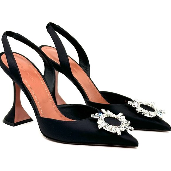 AMINA  MUADDI Begum Satin Crystal Slingback Sandals Heels Shoes Black - Picture 10 of 16